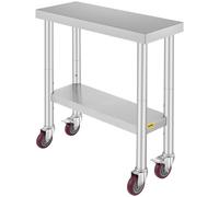 VEVOR Stainless Steel Work Table 30 x 12 x 34 Inch, 700 LBS Load Capacity with 4 Wheels, 3 Adjustable Height Levels, Heavy Duty Food Prep Worktable fo