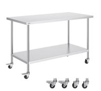 VEVOR Stainless Steel Work Table 30 x 60 x 38 Inch, with 4 Wheels, 3 Adjustable Height Levels, Heavy Duty Food Prep Worktable for Commercial Kitchen