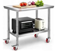 VEVOR Stainless Steel Work Table 35 x 24 x 33 Inch, 700 LBS Load Capacity with 4 Wheels, 3 Adjustable Height Levels, Heavy Duty Food Prep Worktable fo