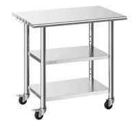 VEVOR Stainless Steel Work Table, 61x91.5 cm Food Prep Table with 2 Shelves and Wheels, Commercial Kitchen Workstation, Metal Heavy Duty Utility Workt