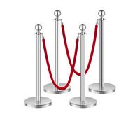 VEVOR Stanchion Post, 4 Pcs Crowd Control Barrier Set with 2 Red Velvet Ropes, 5 ft Stainless Steel Silver Stanchion Post Queue with Sand Injection Hollow Base for Theater, Party, Wedding, Exhibition