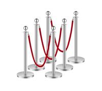 VEVOR Stanchion Post, 6 Pcs Crowd Control Barrier Set with 3 Red Velvet Ropes, 5 ft Stainless Steel Silver Stanchion Post Queue with Sand Injection Hollow Base for Theater, Party, Wedding, Exhibition