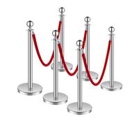 Vevor Stanchion Post, 6 Pcs Crowd Control Barrier Set With 3 Red Velvet Ropes, 5Ft Stainless Steel Silver Stanchion Post