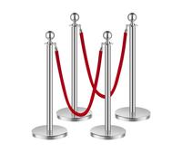 VEVOR Stanchions and Velvet Ropes 4Pcs Hollow Base with Stainless Steel Post 2 Red Velvet Ropes and Posts Crowd Control Barriers Silver Stanchions