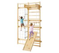 VEVOR Swedish Ladder Wall Gym, 8-in-1 12-Level Solid Wood Gymnastic Stall Bars for Kids Adults, 220LBS Indoor Jungle Gym Playset with Climbing Board, Gym Rings, Pull-Up Bar, Wall Ladder, Slide, Swing
