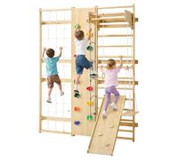 VEVOR Swedish Ladder Wall Gym, 9-in-1 12-Level Solid Wood Gymnastic Stall Bars for Kids Adults, 220LBS Indoor Jungle Gym with Rock Climbing Wall, Gym Rings, Pull-Up Bar, Climbing Board, Slide, Swing