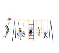 VEVOR Swing Sets for Backyard, 6 in 1 Swing Set with 2 Swings, Trapeze Bar, Climbing Ladder, Climbing Net, and Basketball Hoop, 440lbs Load Capacity Heavy-Duty Metal Swingset Outdoor for Kids Ages 3+