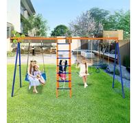 VEVOR Swing Sets for Backyard, 6 in 1 Swing Set with 2 Swings, Trapeze Bar, Climbing Ladder, Climbing Net, and Basketball Hoop, 440lbs Load Capacity H