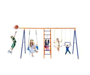 VEVOR Swing Sets for Backyard, 6 in 1 Swing Set with 2 Swings, Trapeze Bar, Climbing Ladder, Climbing Net, and Basketball Hoop, 440lbs Load Capacity Heavy-Duty Metal Swingset Outdoor for Kids Ages 3+