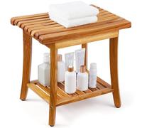 VEVOR Teak Shower Bench, 20 x 14.3 x 17.9 in, Waterproof Wood Shower Stool with Storage Shelf Non-Slip Foot Pads, 400 lbs Maximum Load Capacity Shower Chair Seat, for Bathroom Indoor and Outdoor Use