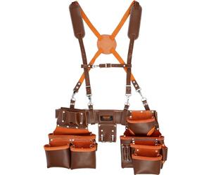 VEVOR Tool Belt with Suspenders, 19 Pockets, 29-54 inches Adjustable Waist Size, Tool Belts for Men, Genuine Leather Heavy Duty Carpenter Tool Pouch for Carpenters, Electricians, and Gardening, Brown