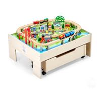 VEVOR Train Table, 100 Multicolor Pieces Wooden Kids Activity Table with Rolling Storage Drawer, 3-in-1 Wooden Train Set for Gaming, Drawing, Reading, Eating, Creative Toy Set for Kids Ages 3+