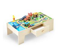 VEVOR Train Table, 62 Multicolor Pieces Wooden Kids Activity Table with Large Storage Drawer, 3-in-1 Wooden Train Set for Playing, Drawing, Reading, Eating, Creative Toy Set for Kids Ages 3+