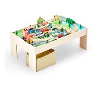 VEVOR Train Table, 84 Multicolor Pieces Wooden Kids Activity Table with Collapsible Storage Bin, 3-in-1 Wooden Train Set for Gaming, Drawing, Reading, Eating, Creative Toy Set for Kids Ages 3+