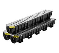 VEVOR Trench Drain System, Channel Drain with Metal Grate, 150x130 mm HDPE Drainage Trench, Black Plastic Garage Floor Drain, 3x39 Trench Drain Grate, with 3 End Caps, for Garden, Driveway-3 Pack