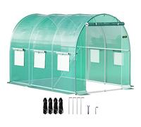 VEVOR Walk-in Tunnel Greenhouse, 10 x 7 x 7 ft Portable Plant Hot House w/ Galvanized Steel Hoops, 1 Top Beam, Diagonal Poles, Zippered Door & 6 Roll-up Windows, Green