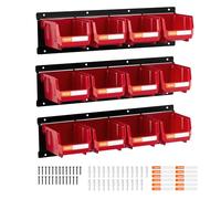 VEVOR Wall Mounted Storage Bins, 12 Plastic Bins & 3 Metal Rails, Plastic Hanging Stackable Storage Bin for Screws, Nuts, Bolts, Nails, Hardware Tool Organizer for Workshop, Craft Room, Garage, Red