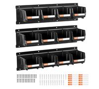 VEVOR Wall Mounted Storage Bins, 12 Plastic Bins & 3 Metal Rails, Plastic Hanging Stackable Storage Bin for Screws, Nuts, Bolts, Nails, Hardware Tool Organizer for Workshop, Craft Room, Garage, Black