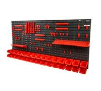 VEVOR Wall Mounted Storage Bins, 30-Bin Parts Rack Organizer Garage Plastic Shop Tool with Wall Panels/Tool Holders/Hooks, Tool Organizer for Nuts, Bolts, Screws, Nails, Beads, Buttons, Black and Red
