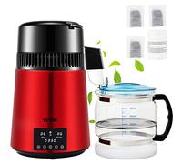 Vevor Water Distiller, 1 L/H, 4L Distilled Water Maker w/ 0-99 H Timing, 750W Countertop Water Purifier w/Dual Temp Display, 3 Carbon Packs Equipped, FDA Approved, Red, Φ235 x385 mm