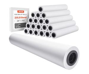VEVOR Wide Format Paper, 24 in x 150 ft Plotter Roll, 20 Rolls CAD Bond Rolls with 2 in Core, 20 LB Bond Paper Rolls, Ideal for CAD Drawings, Engineering Plans, GIS Maps, and Architectural Designs