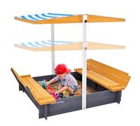 VEVOR Wooden Sandbox with Canopy, 57.3 x 47.2 x 47.2 in Sand Box, Sand Pit with Foldable Bench Seats and Bottom Liner, Natural Wood Kids Sandbox for Outdoor Backyard, Beach, Park, Gift for Ages 3-12