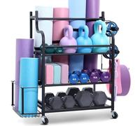 VEVOR Yoga Mat Storage Rack, Home Gym Workout Equipment Organizer, Powder Coated Finish Steel Yoga Mat Holder with Hooks & Wheels, Weight Rack for Dumbbell, Kettlebell, Foam Roller, and Yoga Strap