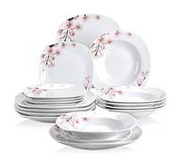 VEWEET 'Annie' 18-Piece Dinner Set, Porcelain Combination Sets, Ivory White Pink Floral Round Tabletop Dinnerware Sets of 6 x 9.75 Dinner Plate/ 7.5" Dessert Plate/ 8.5" Soup Plate Service for 6