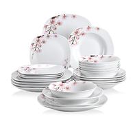 VEWEET 'Annie' 24-Piece Dinner Set Ivory White Pink Floral Porcelain Dinnerware Set China Ceramic Tableware Set with Bowls, Dessert Plates, Soup Plates, Dinner Plates Service for 6