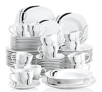 VEWEET 'Fiona' 60-Piece Dinner Set, Ivory White Black Lines China Combination Sets with Dessert Plates/Soup Plates/Dinner Plates/Cups/Saucers, Service for 12, Dishwasher & Microwave Safe