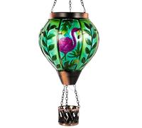 VEWOLIGHT Flamingo Hot Air Balloon Solar Lantern, Solar Hot Air Balloon Lantern with Flame, Glass Solar Lanterns Outdoor Waterproof for Porch Tree Decor