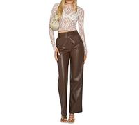 vewoza Women Faux Leather Leggings Pants High Waist Straight Wide Leg PU Pleather Casual Solid Trousers with Pockets (Brown, XL)