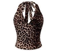 Vexilon 1Pc Leopard Print Y2K Top, Women’s StylishLeopard Print Top, Sexy Halter Neck Top with Built in Bra, V Neck Backless Crop Top for Party Club Bar Night Outfits, L Size Polyester Blouse