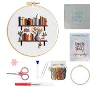 Vexilon Bookshelf Embroidery Kit, Punch Needle Kit Bookshelf with Design Pattern, Embroidery Kits with 20cm Bamboo Hoop Cotton Linen Fabric and Complete Tools for Adults Beginners DIY Craft