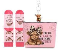 Vexilon Highland Cow Bag, Cute Pink Highland Cow Gifts with Crew Socks Cosmetic Bag and Keychain, Funny Cows Gifts for Women Highland Cow Lovers Birthday Christmas Stocking Stuffer