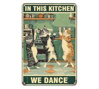 Vexilon This Kitchen Is for Dancing Sign, Funny Dancing Cat Metal Sign with Aluminum Frame We Dance in This Kitchen Retro Vintage Design, Funny Cat Signs for Home Cafe Bar Restaurant Gift