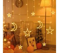Vexorium Christmas Star and Moon Curtain Fairy Lights, 3.5m LED String Lights with Snowflake Design, Battery and USB Powered with Remote, Indoor Outdoor Xmas Window Room Decoration,Warm light,A