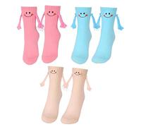 Vexquivera 3 Pairs Magnetic Socks Hold Hands, Holding Hands Socks with Whimsical Smiley Faces, Funny Mid-Calf Socks in Pink/Nude/Blue