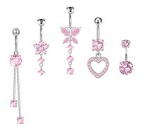 Vexquivera 5PCS Belly button bars,Dangly belly button bars,Heart Belly Bars Ring Stainless Steel Belly Button Piercing with white & Pink Gem,Belly bar,Navel Button Rings Piercing Jewellery dangly