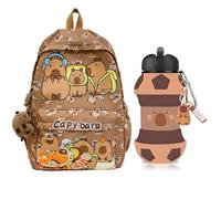 Vexthorion Capybara Backpack Set for Kids - Cute School Bookbag with Collapsible Silicone Water Bottle 550ml, Mini Plush Toy & Keychain - Kawaii Gift for Girls Boys