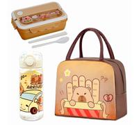 Vexthorion Capybara Lunch Bag Set 3 Pcs, Bento Box & Leak Proof Water Bottle with Straw for Adults,Insulated Thermal Food Carrier Bag for Office School Picnics, Leak-Proof BPA Free Brown (Capybara-2)