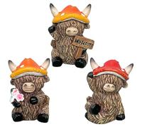 Vexthorion Highland Cow Figurines, Highland Cow Figure Statues 3pcs Mushroom Hat Highland Cattle Statue Animal Garden decoration Ideal Ornaments Friendship Gifts Room Accessorie Brown
