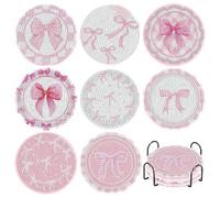 Vexthorion Pink Bow Diamond Art Painting Coasters Kits 8 Pack, Coaster with Holder for Adults, Non-Slip DIY Dot Paint Craft Kits,5D Full Drill DIY Diamond Dot Gem Art Kit Home Decor Arts Craft