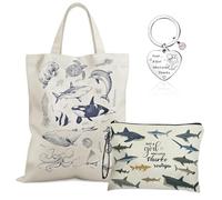 Vexthorion Shark Canvas Tote Bags Set 3Pcs, Shark Canvas Tote Bag Makeup Bag & Keyring, Large Capacity Reusable Shopping Bags Sharks Lover Present for Women Girls Daughter Sister Niece (Shark)