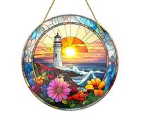 Vextrovia Gothic Lighthouse Wall Art, Stained Glass Sunrise and Floral Circular Hanging, Medieval Style Motifs, Easy to Hang, Shatterproof Acrylic for Coastal Living Room Decor, 8x8 Inch