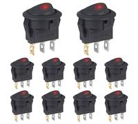 VEXUNGA Rocker switch 12V 20A DC 3-Pin Illuminated Round with LED Red 12 Volt On/Off 2 Position Car Built-in Self-Locking Square Round (Pack of 10)