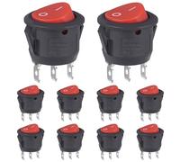 VEXUNGA Rocker Switch 3-Pin Rocker Switch Round On/Off 6A 250V 10A 125V Round Car Built-in Switch Lockable Self-Locking Red/Black (Pack of 10)
