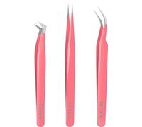 VEYES INC Lash Tweezers for Eyelash Extensions Fiber Tip Pink Tweezers Kit（3pcs Contains Isolation,Curved and Volume Lash