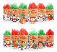 VEYLIN 12 Pack Christmas Kraft Gift Bag With Handle and Tag Tissue Paper for Xmas Present Wrapping Decoration (9.1 x 3.5 x 5.9 Inches)