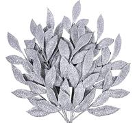 VEYLIN 12 Pcs Artificial Christmas Leaves, Silver Glitter Leaves Picks for Xmas Tree Wreath Festival Decoratin